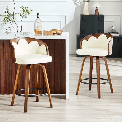 Bancos de bar, 2 unidades - Encosto com padrão floral, estrutura em madeira curvada, couro PU, apoio para os pés em metal, estilo moderno - Branco