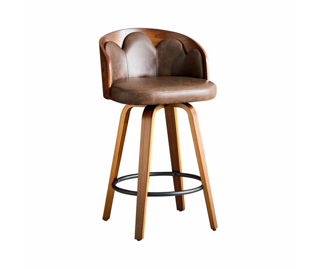 2 taburetes de bar 89 cm - respaldo en forma de flor, madera curvada, piel pu, reposapiés metálico moderno - marrón