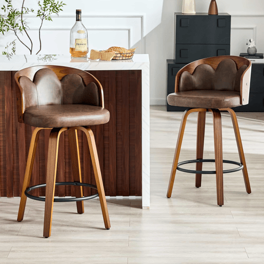 2 Bancos de bar de 89 cm - Encosto em forma de flor, madeira curvada, couro PU, apoio para os pés metálico moderno - Castanho 2 Bancos de bar de 89 cm - Encosto em forma de flor, madeira curvada, couro PU, apoio para os pés metálico moderno - Castanho