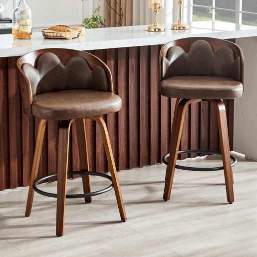 2 Bancos de bar de 89 cm - Encosto em forma de flor, madeira curvada, couro PU, apoio para os pés metálico moderno - Castanho 2 Bancos de bar de 89 cm - Encosto em forma de flor, madeira curvada, couro PU, apoio para os pés metálico moderno - Castanho