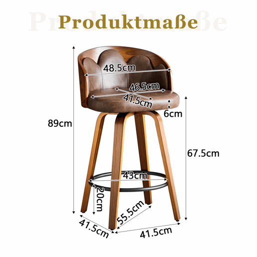 2 Bancos de bar de 89 cm - Encosto em forma de flor, madeira curvada, couro PU, apoio para os pés metálico moderno - Castanho 2 Bancos de bar de 89 cm - Encosto em forma de flor, madeira curvada, couro PU, apoio para os pés metálico moderno - Castanho