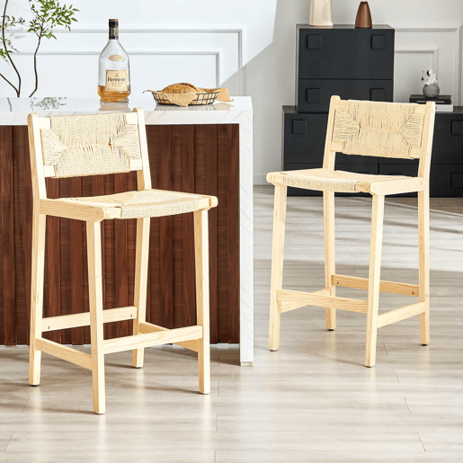 Bancos de bar, 2 unidades - Madeira maciça, assento em corda tecida à mão, estilo rústico para ilha de cozinha - Madeira