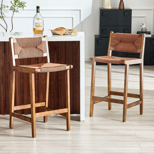 Bancos de bar, 2 unidades - Madeira maciça, assento em corda tecida à mão, estilo rústico para ilha de cozinha - Nogueira Bancos de bar, 2 unidades - Madeira maciça, assento em corda tecida à mão, estilo rústico para ilha de cozinha - Nogueira