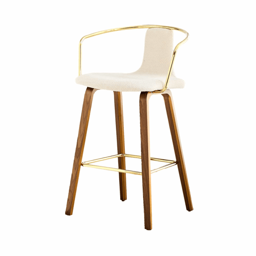 Bancos de bar com braços - Estofados em tecido Teddy e PU, pernas de madeira, apoio para os pés em metal, estilo nórdico moderno - Branco Bancos de bar com braços - Estofados em tecido Teddy e PU, pernas de madeira, apoio para os pés em metal, estilo nórdico moderno - Branco