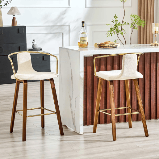 Bancos de bar com braços - Estofados em tecido Teddy e PU, pernas de madeira, apoio para os pés em metal, estilo nórdico moderno - Branco Bancos de bar com braços - Estofados em tecido Teddy e PU, pernas de madeira, apoio para os pés em metal, estilo nórdico moderno - Branco