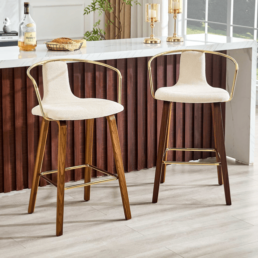 Bancos de bar com braços - Estofados em tecido Teddy e PU, pernas de madeira, apoio para os pés em metal, estilo nórdico moderno - Branco Bancos de bar com braços - Estofados em tecido Teddy e PU, pernas de madeira, apoio para os pés em metal, estilo nórdico moderno - Branco
