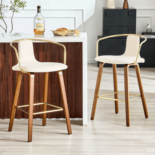 Bancos de bar com braços - Estofados em tecido Teddy e PU, pernas de madeira, apoio para os pés em metal, estilo nórdico moderno - Branco Bancos de bar com braços - Estofados em tecido Teddy e PU, pernas de madeira, apoio para os pés em metal, estilo nórdico moderno - Branco
