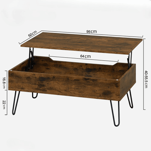 Mesa de centro ajustável - Altura regulável com arrumação oculta, estilo vintage - Castanho rústico Mesa de centro ajustável - Altura regulável com arrumação oculta, estilo vintage - Castanho rústico