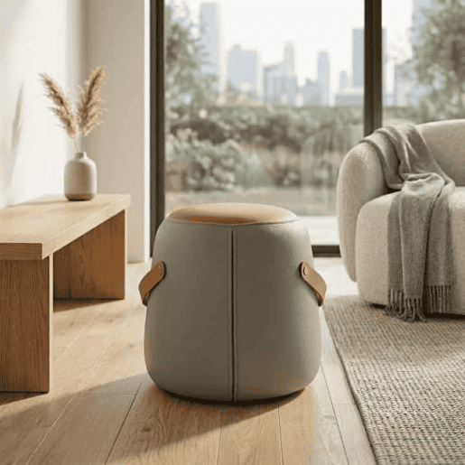 Banco de 34,5 cm - Pufe multifuncional com alça em couro PU, assento almofadado, apoio para os pés para a sala de estar e o quarto - Cinzento Banco de 34,5 cm - Pufe multifuncional com alça em couro PU, assento almofadado, apoio para os pés para a sala de estar e o quarto - Cinzento