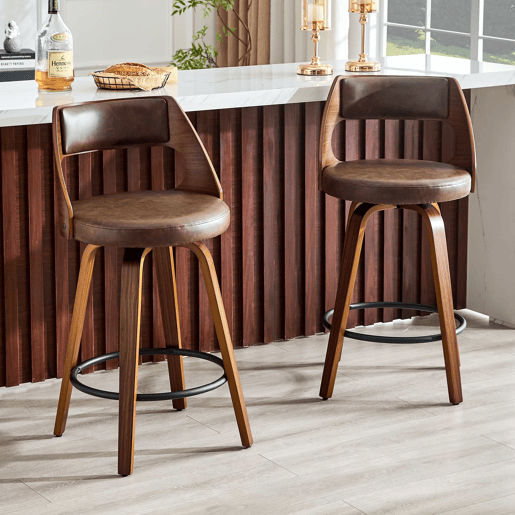 Bancos de bar de 92 cm - Conjunto de 2, encosto, estrutura em madeira, assento em PU - Castanho Bancos de bar de 92 cm - Conjunto de 2, encosto, estrutura em madeira, assento em PU - Castanho
