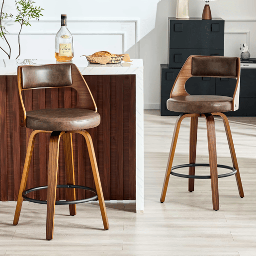 Bancos de bar de 92 cm - Conjunto de 2, encosto, estrutura em madeira, assento em PU - Castanho Bancos de bar de 92 cm - Conjunto de 2, encosto, estrutura em madeira, assento em PU - Castanho