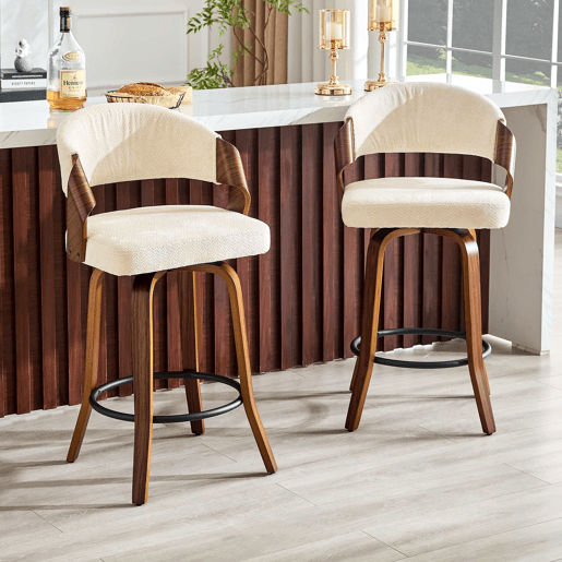 Bancos de bar de 95 cm (2 unidades) u2013 com encosto, estrutura em madeira, estofos em linho u2013 Branco