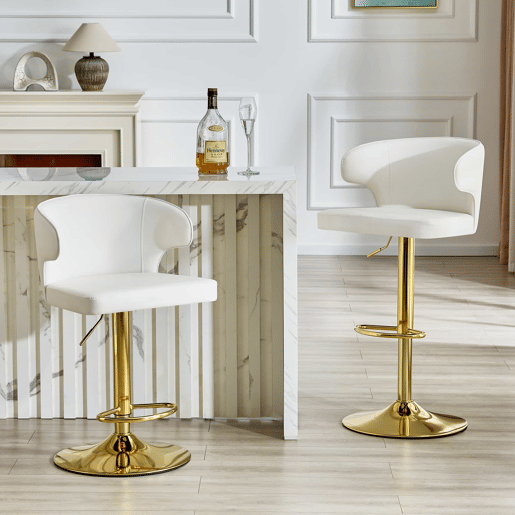 Bancos de bar 49,7 x 45 x 110 cm - Ajustáveis em altura, giratórios a 360°, com encosto e apoio para os pés - Branco