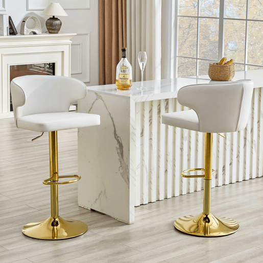 Bancos de bar 49,7 x 45 x 110 cm - Ajustáveis em altura, giratórios a 360°, com encosto e apoio para os pés - Branco