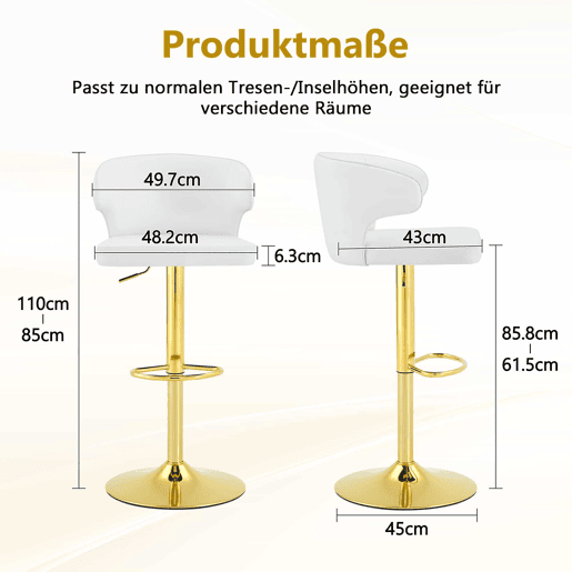 Bancos de bar 49,7 x 45 x 110 cm - Ajustáveis em altura, giratórios a 360°, com encosto e apoio para os pés - Branco