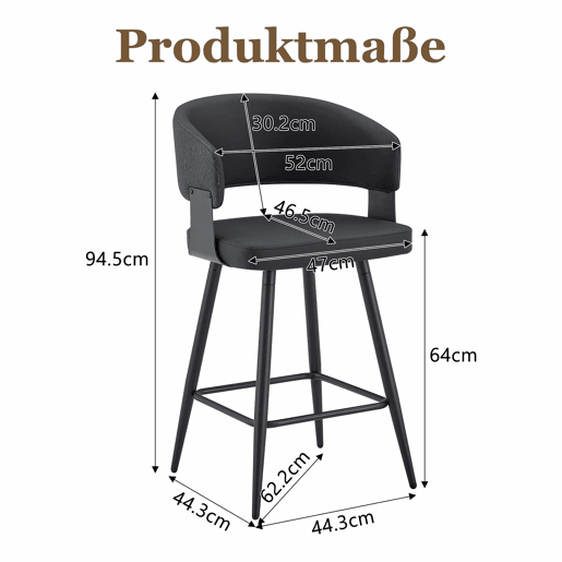 Cadeira de jantar de 46 cm - estofada, com encosto e braços, estilo minimalista e moderno Mid-Century - preta