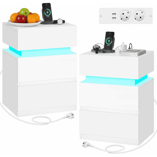 Mesas auxiliares 35x40x55 cm u2014 com luz LED regulável e estação de carregamento, conjunto de 2 u2014 Branco