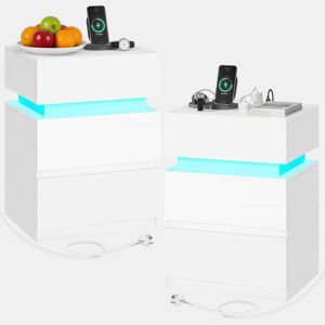 Mesas auxiliares 35x40x55 cm u2014 com luz LED regulável e estação de carregamento, conjunto de 2 u2014 Branco