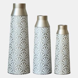 Vasos de chão metálicos 43,55161 cm - Conjunto de 3 peças com design em leque, estilo moderno e decorativo - Branco e prateado