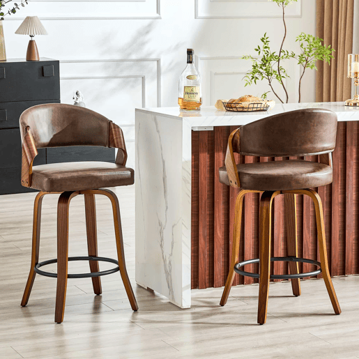Bancos de bar de 95 cm - Conjunto de 2, com encosto, estrutura em madeira e assento em PU - Castanho Bancos de bar de 95 cm - Conjunto de 2, com encosto, estrutura em madeira e assento em PU - Castanho