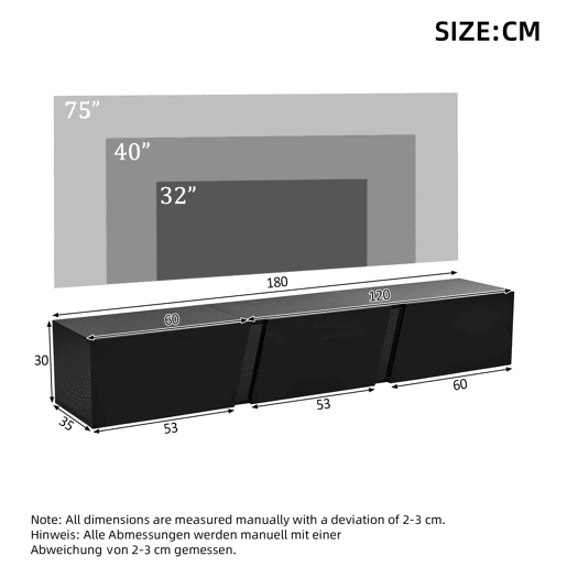 Móvel de TV de parede 180 x 35 x 30 cm - LED, 3 portas, adequado para 75 polegadas, alto brilho - Preto Móvel de TV de parede 180 x 35 x 30 cm - LED, 3 portas, adequado para 75 polegadas, alto brilho - Preto