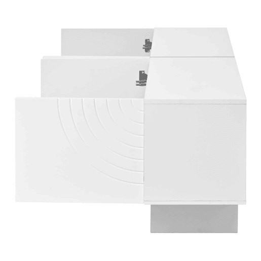 Móvel de televisão - 4 portas com padrão geométrico em arco, frentes com relevo decorativo, divisória central e amplo espaço de arrumação - branco Móvel de televisão - 4 portas com padrão geométrico em arco, frentes com relevo decorativo, divisória central e amplo espaço de arrumação - branco