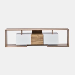 Móvel de TV 180 x 30 x 49 cm - 2 portas basculantes, 1 porta de batente, 3 prateleiras abertas - Branco e madeira natural