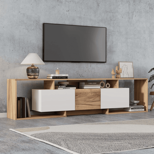 Móvel de TV 180 x 30 x 49 cm - 2 portas basculantes, 1 porta de batente, 3 prateleiras abertas - Branco e madeira natural Móvel de TV 180 x 30 x 49 cm - 2 portas basculantes, 1 porta de batente, 3 prateleiras abertas - Branco e madeira natural