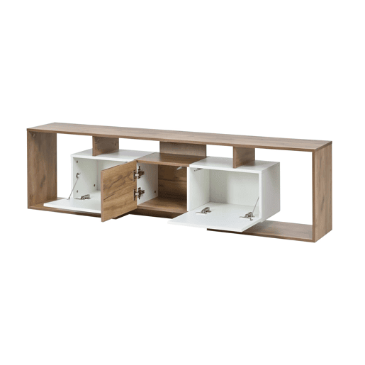 Móvel de TV 180 x 30 x 49 cm - 2 portas basculantes, 1 porta de batente, 3 prateleiras abertas - Branco e madeira natural Móvel de TV 180 x 30 x 49 cm - 2 portas basculantes, 1 porta de batente, 3 prateleiras abertas - Branco e madeira natural