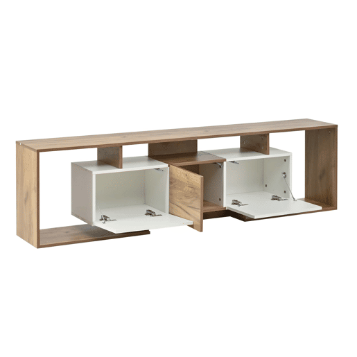 Móvel de TV 180 x 30 x 49 cm - 2 portas basculantes, 1 porta de batente, 3 prateleiras abertas - Branco e madeira natural Móvel de TV 180 x 30 x 49 cm - 2 portas basculantes, 1 porta de batente, 3 prateleiras abertas - Branco e madeira natural