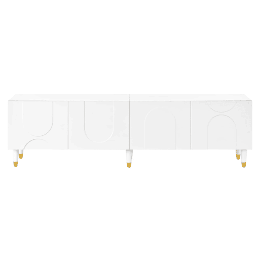 Móvel de TV tipo lowboard - relevo em arco assimétrico, 4 portas, vários compartimentos de arrumação, pés em madeira maciça - Branco Móvel de TV tipo lowboard - relevo em arco assimétrico, 4 portas, vários compartimentos de arrumação, pés em madeira maciça - Branco
