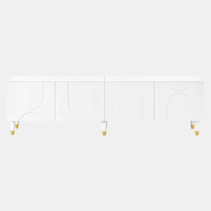Móvel de TV tipo lowboard - relevo em arco assimétrico, 4 portas, vários compartimentos de arrumação, pés em madeira maciça - Branco