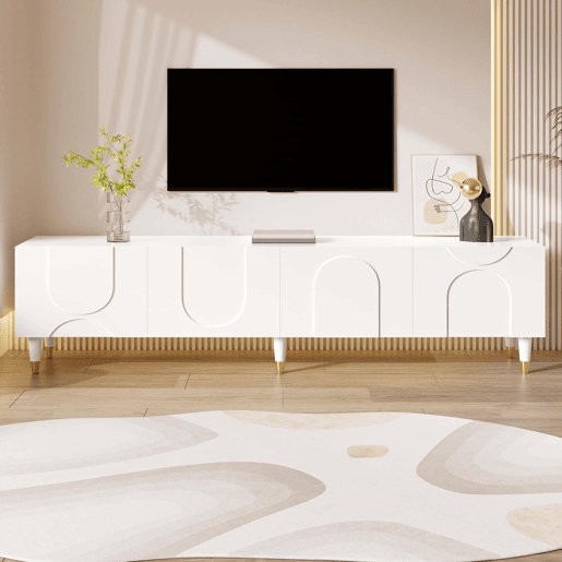 Móvel de TV tipo lowboard - relevo em arco assimétrico, 4 portas, vários compartimentos de arrumação, pés em madeira maciça - Branco Móvel de TV tipo lowboard - relevo em arco assimétrico, 4 portas, vários compartimentos de arrumação, pés em madeira maciça - Branco
