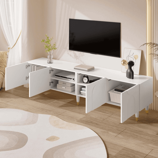 Móvel de TV tipo lowboard - relevo em arco assimétrico, 4 portas, vários compartimentos de arrumação, pés em madeira maciça - Branco Móvel de TV tipo lowboard - relevo em arco assimétrico, 4 portas, vários compartimentos de arrumação, pés em madeira maciça - Branco
