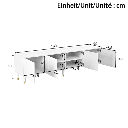 Móvel de TV tipo lowboard - relevo em arco assimétrico, 4 portas, vários compartimentos de arrumação, pés em madeira maciça - Branco Móvel de TV tipo lowboard - relevo em arco assimétrico, 4 portas, vários compartimentos de arrumação, pés em madeira maciça - Branco