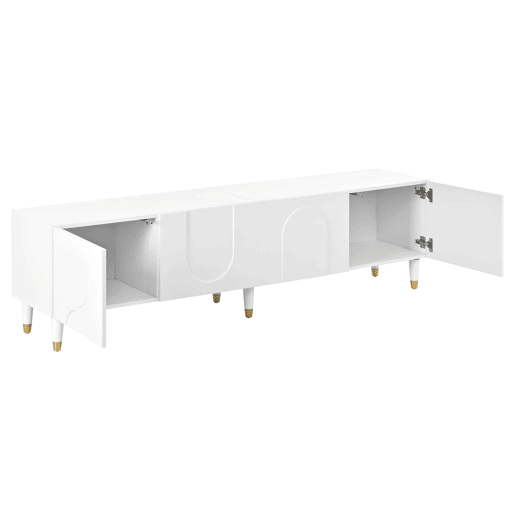 Móvel de TV tipo lowboard - relevo em arco assimétrico, 4 portas, vários compartimentos de arrumação, pés em madeira maciça - Branco Móvel de TV tipo lowboard - relevo em arco assimétrico, 4 portas, vários compartimentos de arrumação, pés em madeira maciça - Branco