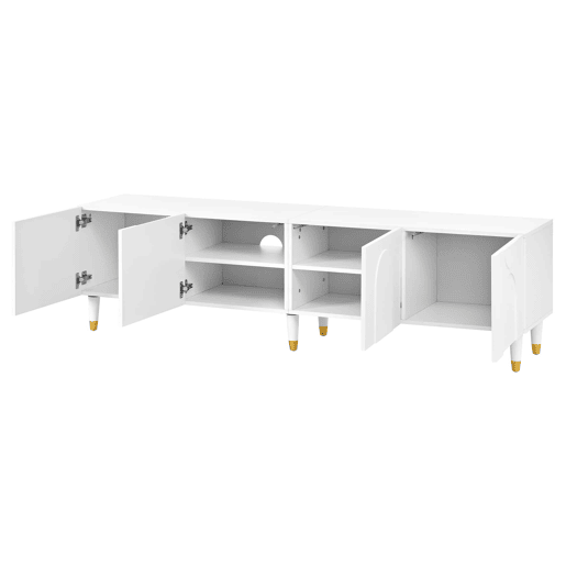 Móvel de TV tipo lowboard - relevo em arco assimétrico, 4 portas, vários compartimentos de arrumação, pés em madeira maciça - Branco Móvel de TV tipo lowboard - relevo em arco assimétrico, 4 portas, vários compartimentos de arrumação, pés em madeira maciça - Branco