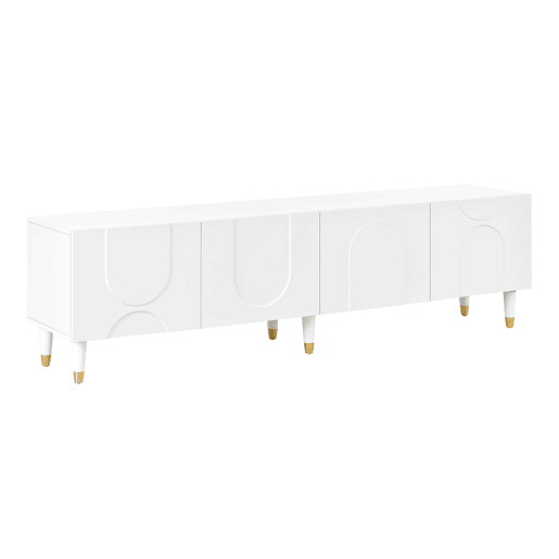 Móvel de TV tipo lowboard - relevo em arco assimétrico, 4 portas, vários compartimentos de arrumação, pés em madeira maciça - Branco Móvel de TV tipo lowboard - relevo em arco assimétrico, 4 portas, vários compartimentos de arrumação, pés em madeira maciça - Branco