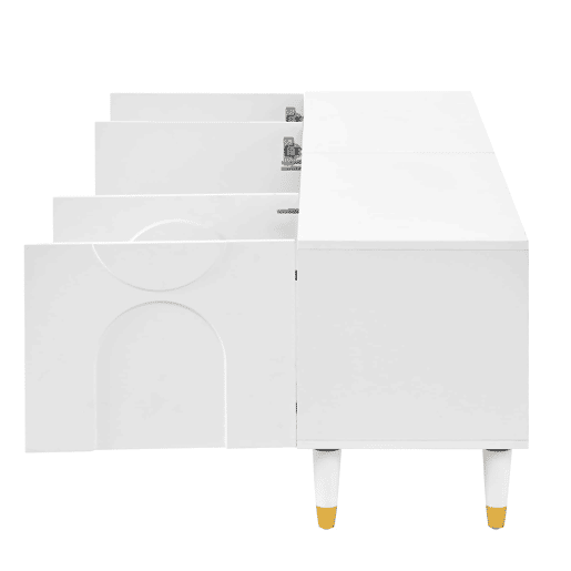 Móvel de TV tipo lowboard - relevo em arco assimétrico, 4 portas, vários compartimentos de arrumação, pés em madeira maciça - Branco Móvel de TV tipo lowboard - relevo em arco assimétrico, 4 portas, vários compartimentos de arrumação, pés em madeira maciça - Branco