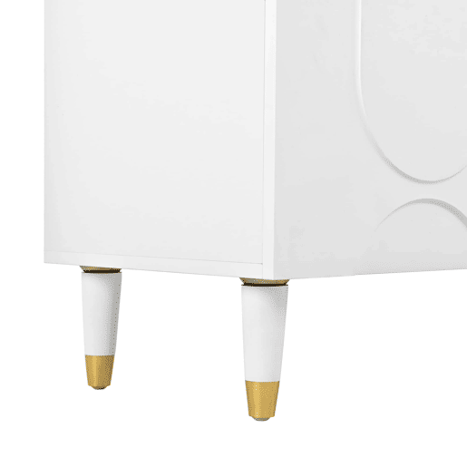 Móvel de TV tipo lowboard - relevo em arco assimétrico, 4 portas, vários compartimentos de arrumação, pés em madeira maciça - Branco Móvel de TV tipo lowboard - relevo em arco assimétrico, 4 portas, vários compartimentos de arrumação, pés em madeira maciça - Branco