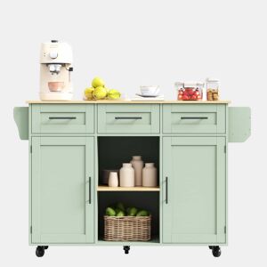 Carrinho de cozinha 139 x 46 x 91,5 cm u2013 bancada dobrável, porta de arrumação, com rodas e pés em madeira maciça u2013 verde antigo
