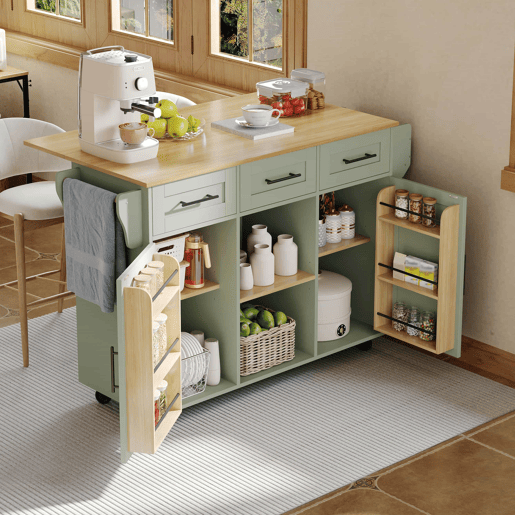 Carrinho de cozinha 139 x 46 x 91,5 cm u2013 bancada dobrável, porta de arrumação, com rodas e pés em madeira maciça u2013 verde antigo Carrinho de cozinha 139 x 46 x 91,5 cm u2013 bancada dobrável, porta de arrumação, com rodas e pés em madeira maciça u2013 verde antigo