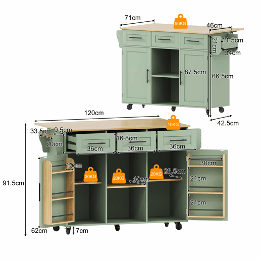 Carrinho de cozinha 139 x 46 x 91,5 cm u2013 bancada dobrável, porta de arrumação, com rodas e pés em madeira maciça u2013 verde antigo Carrinho de cozinha 139 x 46 x 91,5 cm u2013 bancada dobrável, porta de arrumação, com rodas e pés em madeira maciça u2013 verde antigo