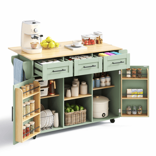 Carrinho de cozinha 139 x 46 x 91,5 cm u2013 bancada dobrável, porta de arrumação, com rodas e pés em madeira maciça u2013 verde antigo Carrinho de cozinha 139 x 46 x 91,5 cm u2013 bancada dobrável, porta de arrumação, com rodas e pés em madeira maciça u2013 verde antigo