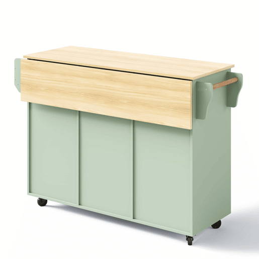 Carrinho de cozinha 139 x 46 x 91,5 cm u2013 bancada dobrável, porta de arrumação, com rodas e pés em madeira maciça u2013 verde antigo Carrinho de cozinha 139 x 46 x 91,5 cm u2013 bancada dobrável, porta de arrumação, com rodas e pés em madeira maciça u2013 verde antigo