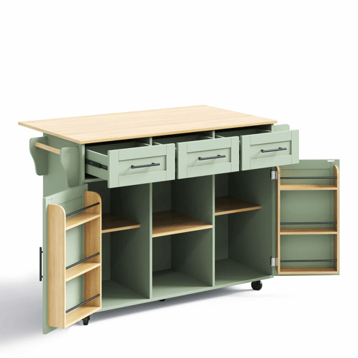 Carrinho de cozinha 139 x 46 x 91,5 cm u2013 bancada dobrável, porta de arrumação, com rodas e pés em madeira maciça u2013 verde antigo Carrinho de cozinha 139 x 46 x 91,5 cm u2013 bancada dobrável, porta de arrumação, com rodas e pés em madeira maciça u2013 verde antigo