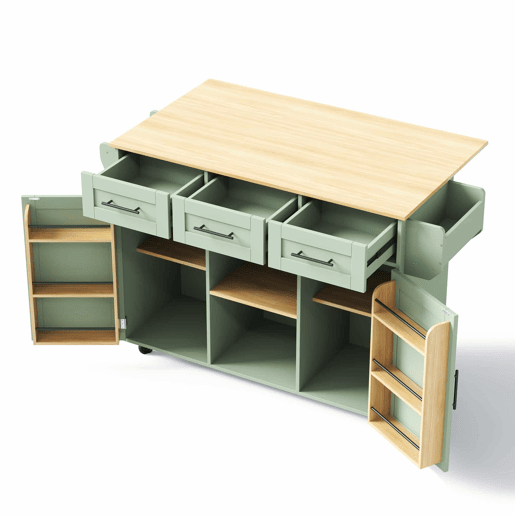Carrinho de cozinha 139 x 46 x 91,5 cm u2013 bancada dobrável, porta de arrumação, com rodas e pés em madeira maciça u2013 verde antigo Carrinho de cozinha 139 x 46 x 91,5 cm u2013 bancada dobrável, porta de arrumação, com rodas e pés em madeira maciça u2013 verde antigo