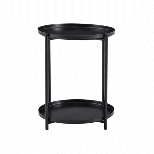 Mesa auxiliar redonda 42x52 cm - 2 níveis com estrutura metálica, prateleira de arrumação, estilo nórdico moderno - Preto