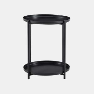 Mesa auxiliar redonda 42x52 cm - 2 níveis com estrutura metálica, prateleira de arrumação, estilo nórdico moderno - Preto