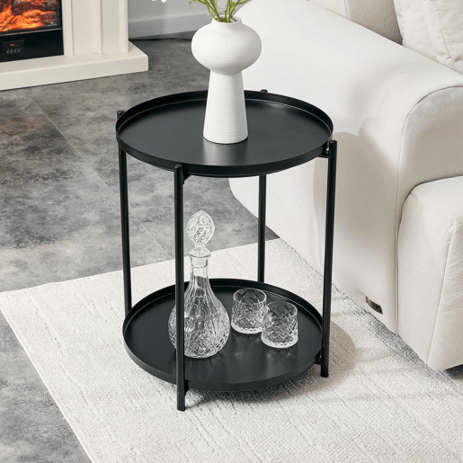 Mesa auxiliar redonda 42x52 cm - 2 níveis com estrutura metálica, prateleira de arrumação, estilo nórdico moderno - Preto
